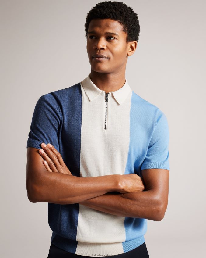 roupas Ted Baker polo Swansea de lã merino com listras verticais de manga curta azul médio homens 8X6HDF1559