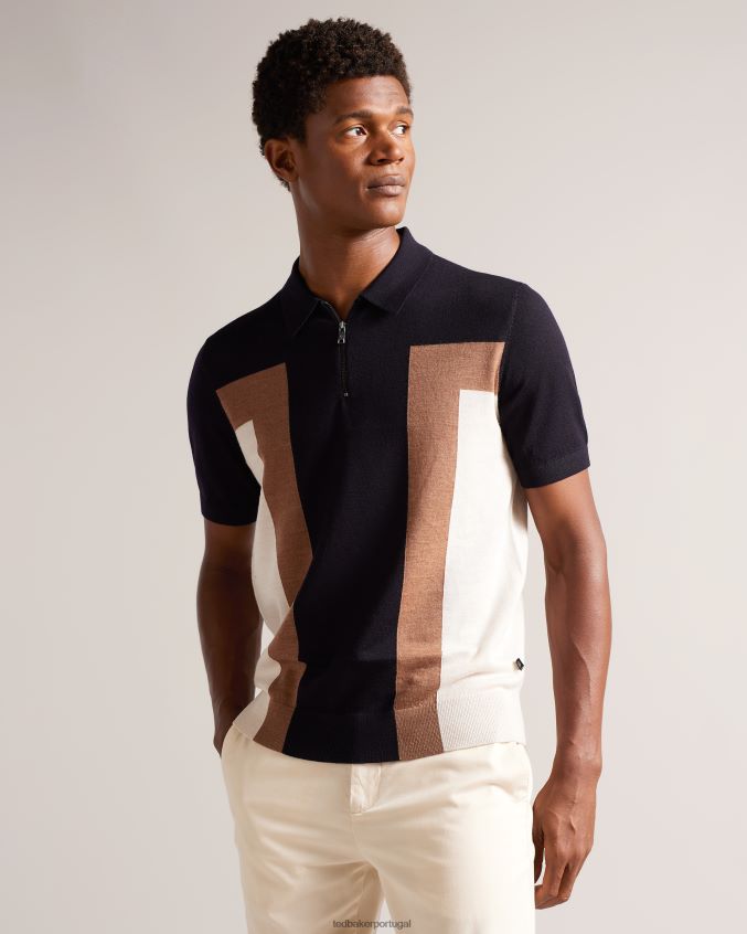roupas Ted Baker polo larbrot manga curta com zíper e gola azul marinho homens 8X6HDF1349