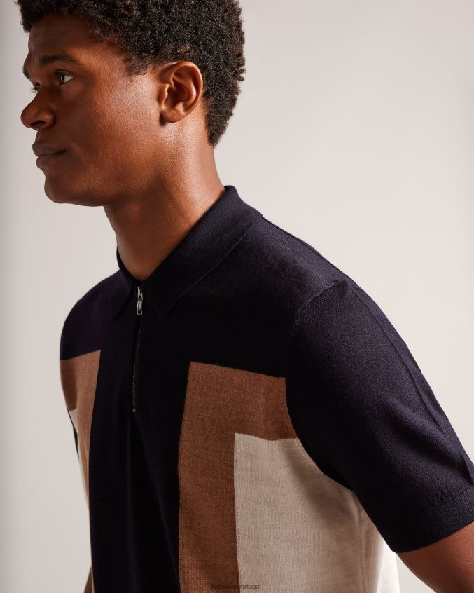 roupas Ted Baker polo larbrot manga curta com zíper e gola azul marinho homens 8X6HDF1349
