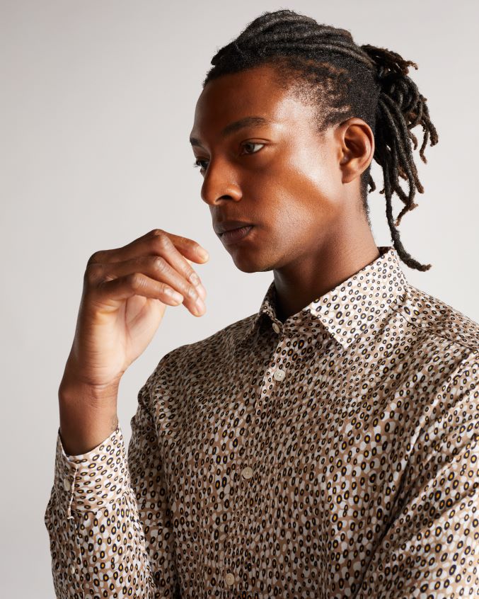 roupas Ted Baker camisa retrô de bolinhas manga longa dunston marrom homens 8X6HDF1656