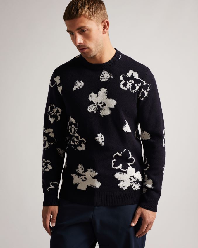 roupas Ted Baker camiseta sandsen com estampa floral de manga longa e gola redonda azul marinho homens 8X6HDF1689