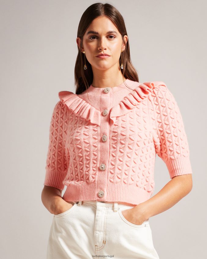 roupas Ted Baker cardigã haniha com gola redonda e detalhe de babados rosa mulheres 8X6HDF280