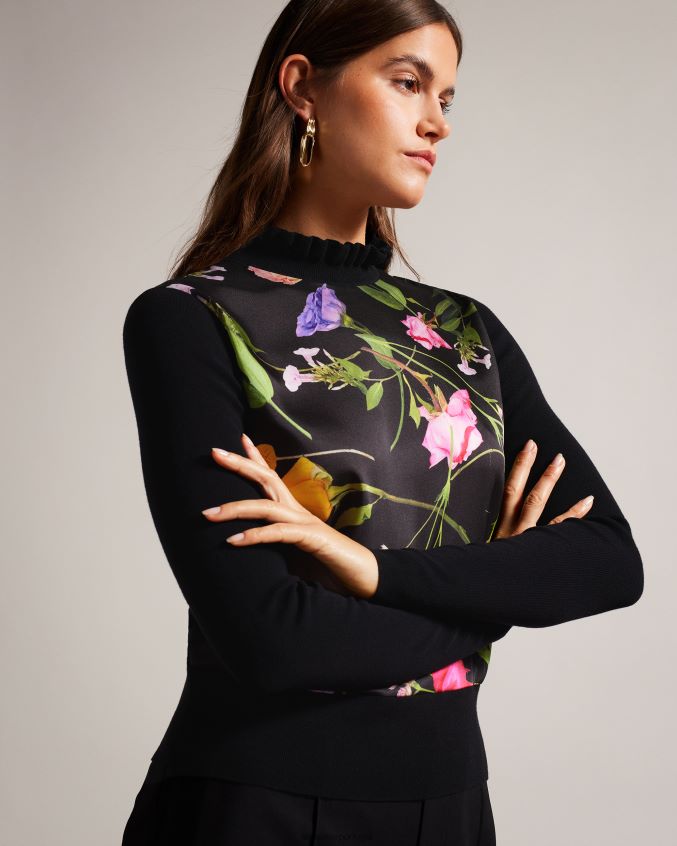 roupas Ted Baker suéter de gola canelada frontal em tecido daneaa preto mulheres 8X6HDF146