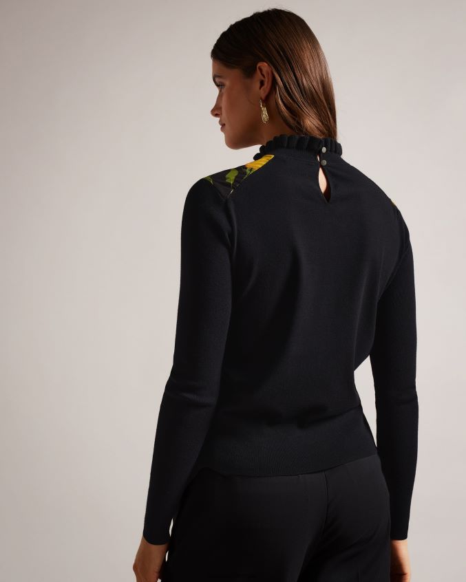 roupas Ted Baker suéter de gola canelada frontal em tecido daneaa preto mulheres 8X6HDF146