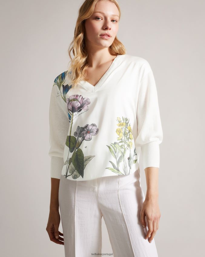roupas Ted Baker suéter com gola V frontal em tecido raili branco mulheres 8X6HDF394