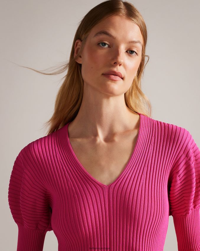 roupas Ted Baker top de malha canelada ivery com ombros bufantes Rosa escuro mulheres 8X6HDF118