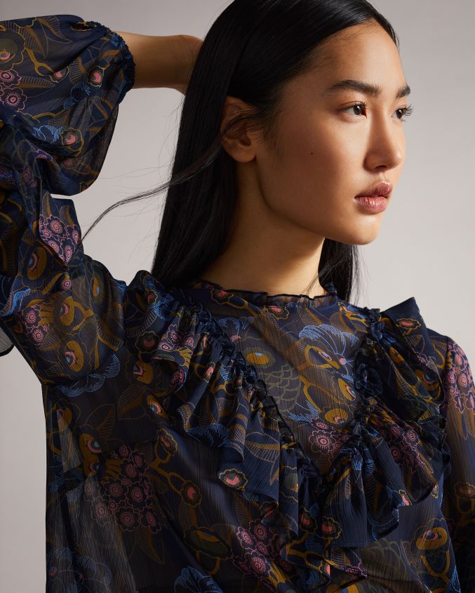 roupas Ted Baker top jovena com babado cascata estampado marinha mulheres 8X6HDF558