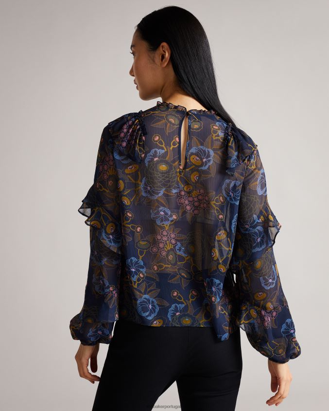 roupas Ted Baker top jovena com babado cascata estampado marinha mulheres 8X6HDF558