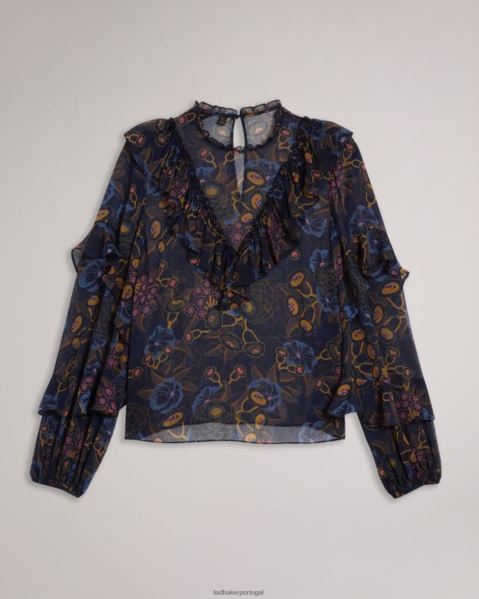 roupas Ted Baker top jovena com babado cascata estampado marinha mulheres 8X6HDF558