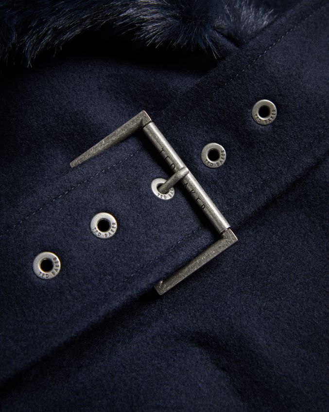 roupas Ted Baker casaco loleta com cinto e gola e punhos de pele sintética marinha mulheres 8X6HDF422