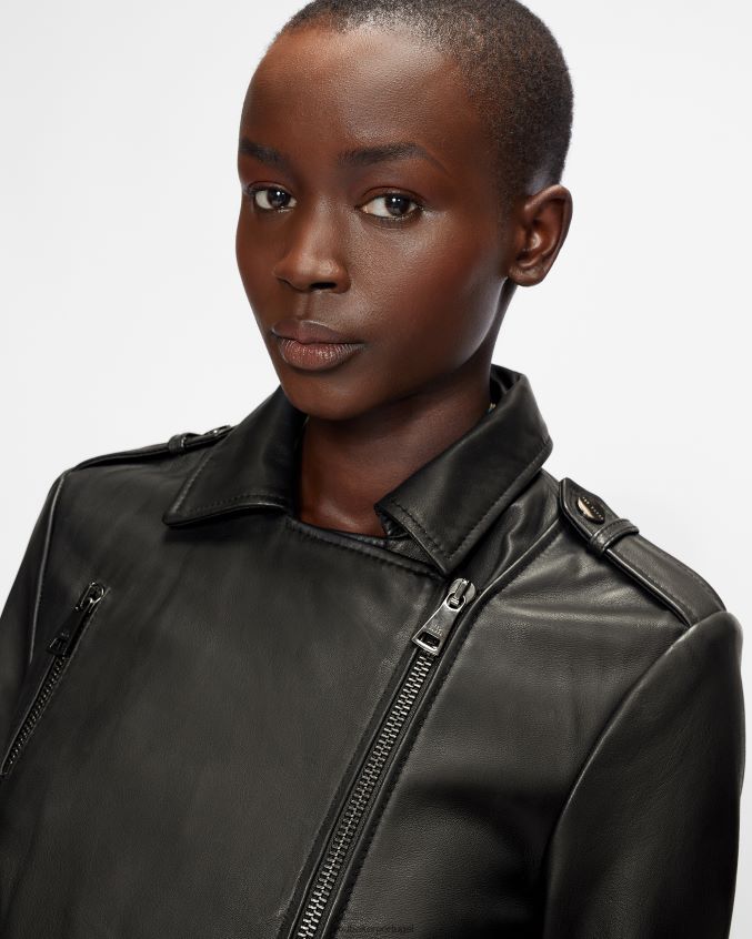 roupas Ted Baker jaqueta biker cropped de couro ssalli preto mulheres 8X6HDF468