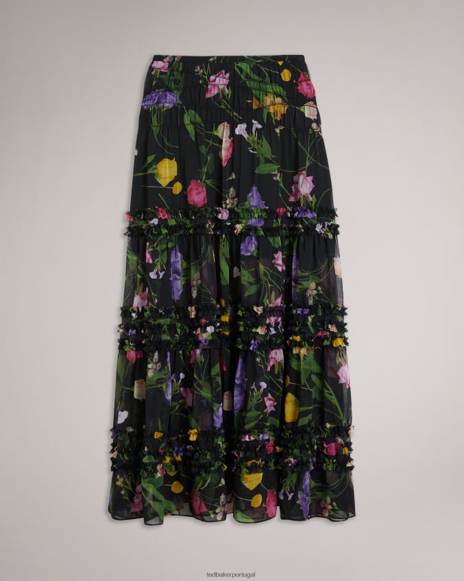 roupas Ted Baker Thieaa saia midaxi com micro babados em camadas preto mulheres 8X6HDF148