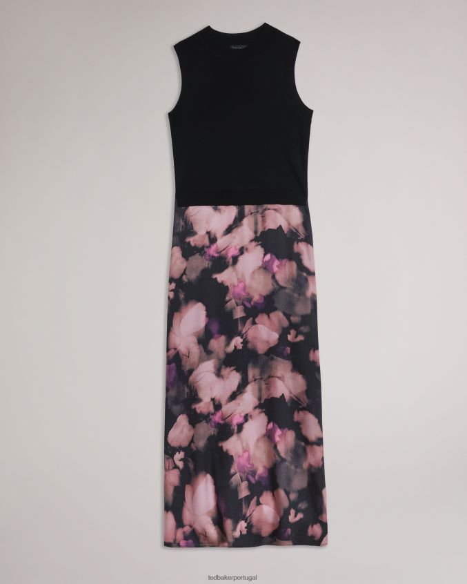 roupas Ted Baker Vestido mockable sem mangas elliha com saia deslizante floral preto mulheres 8X6HDF328