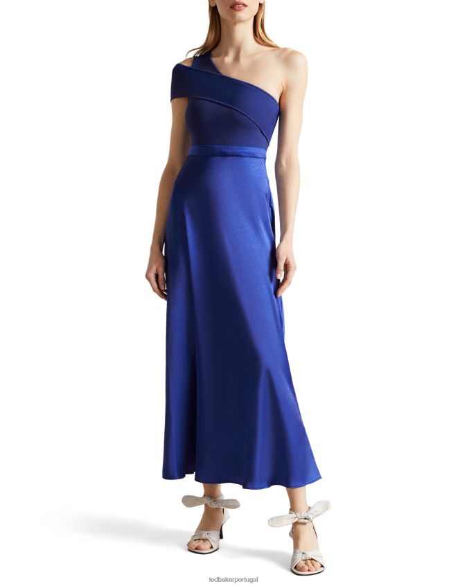 roupas Ted Baker vestido ivena de malha assimétrica com corpete e saia de cetim azul escuro mulheres 8X6HDF288