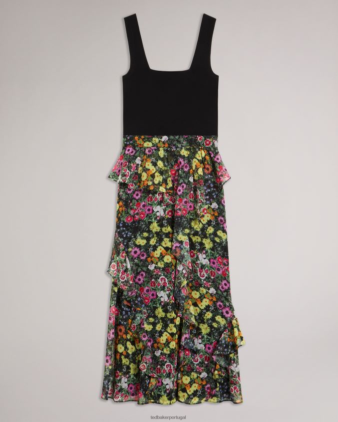 roupas Ted Baker vestido jennias com corpete em malha e saia com babados preto mulheres 8X6HDF13