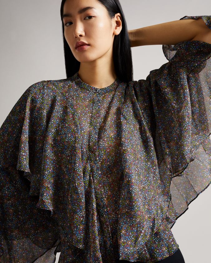 roupas Ted Baker blusa pinku retrô com babados e estampa de inundação preto mulheres 8X6HDF579