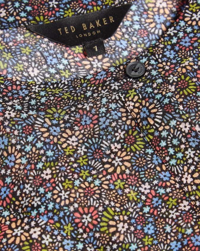 roupas Ted Baker blusa pinku retrô com babados e estampa de inundação preto mulheres 8X6HDF579