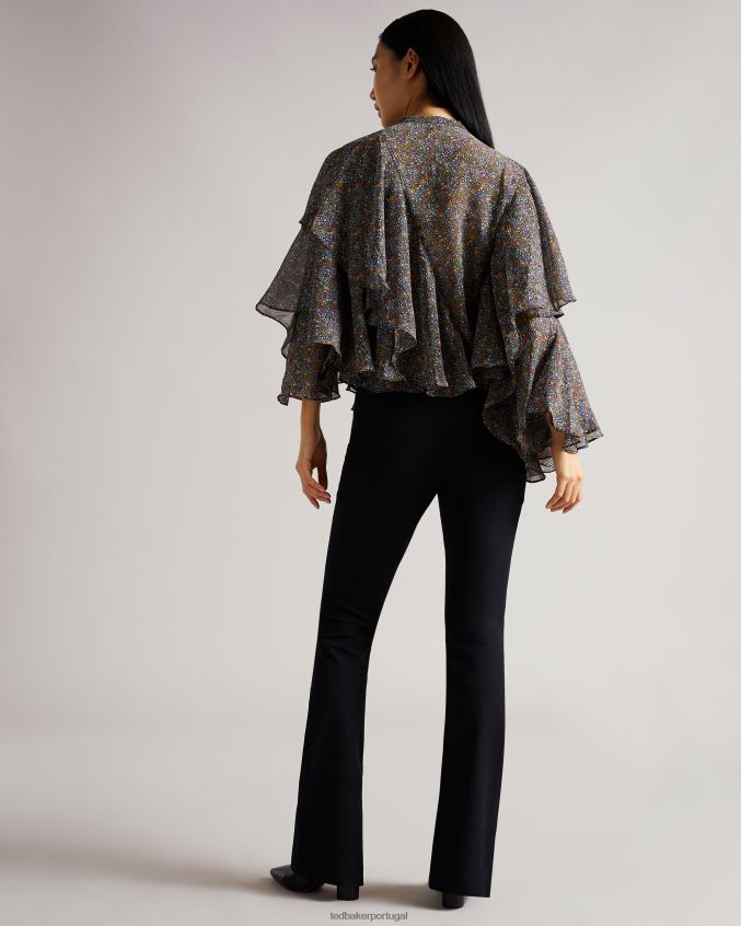 roupas Ted Baker blusa pinku retrô com babados e estampa de inundação preto mulheres 8X6HDF579