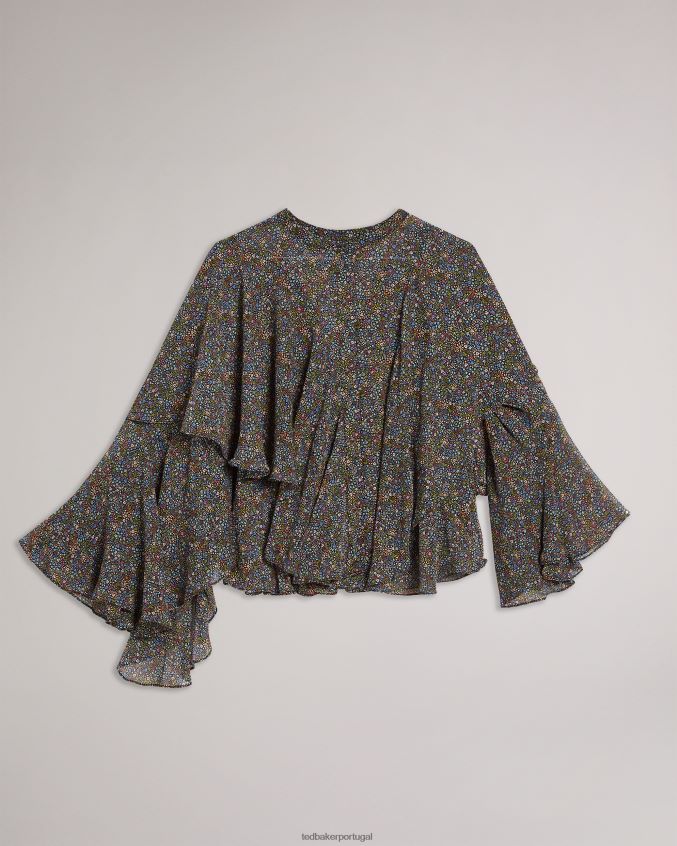 roupas Ted Baker blusa pinku retrô com babados e estampa de inundação preto mulheres 8X6HDF579
