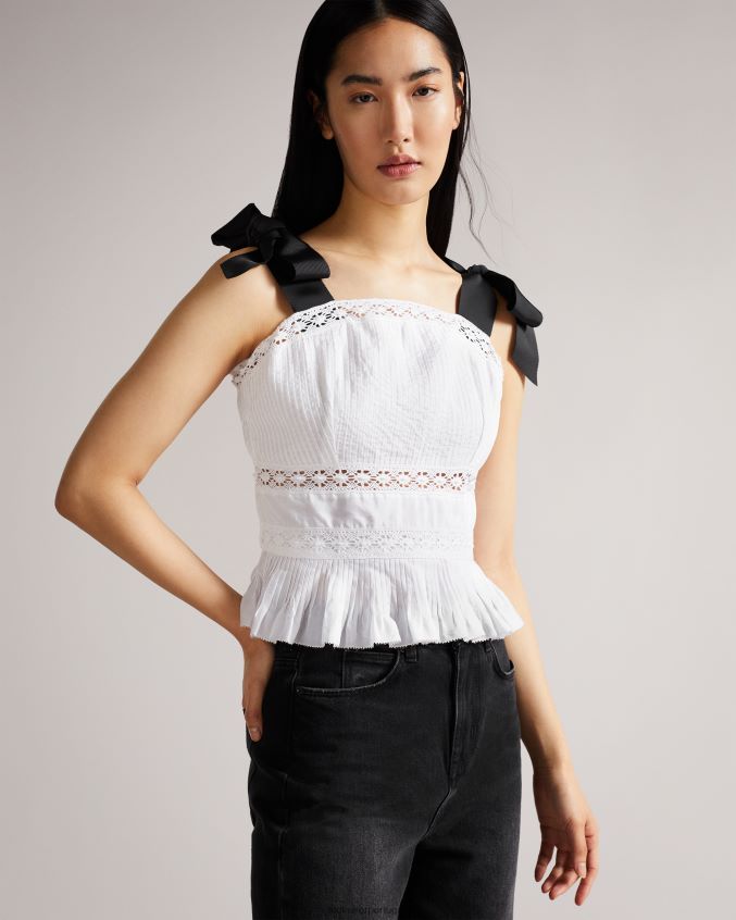 roupas Ted Baker Top peplum com inserção de renda Pietri e alças de gorgorão branco mulheres 8X6HDF540