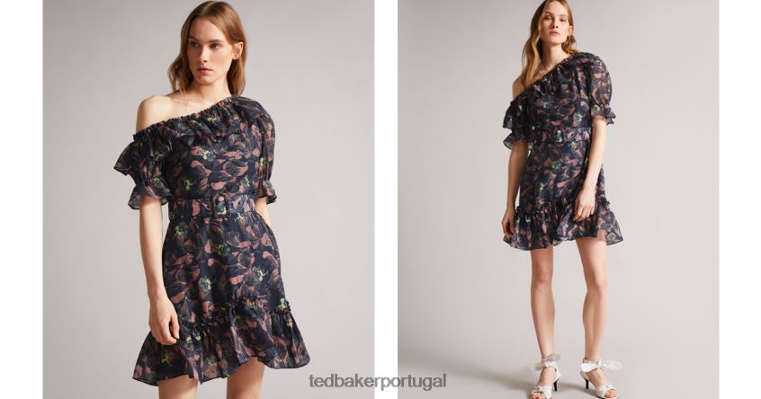 roupas Ted Baker minivestido hazpin assimétrico com babados e ombros frios marinha mulheres 8X6HDF536