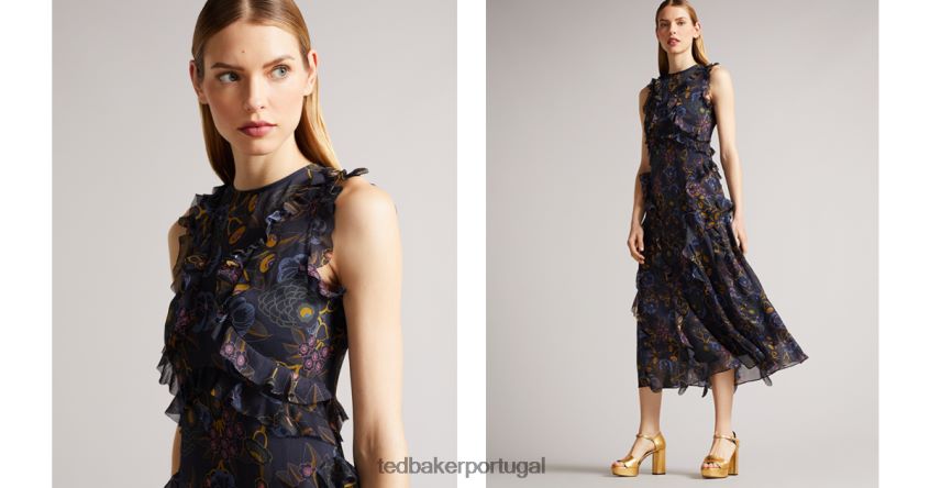 roupas Ted Baker vestido midi cascata karolia sem mangas marinha mulheres 8X6HDF508