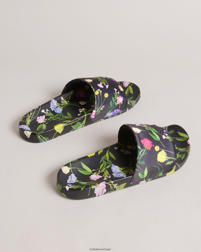 sapato Ted Baker sliders de cetim com estampa floral azzi preto mulheres 8X6HDF905