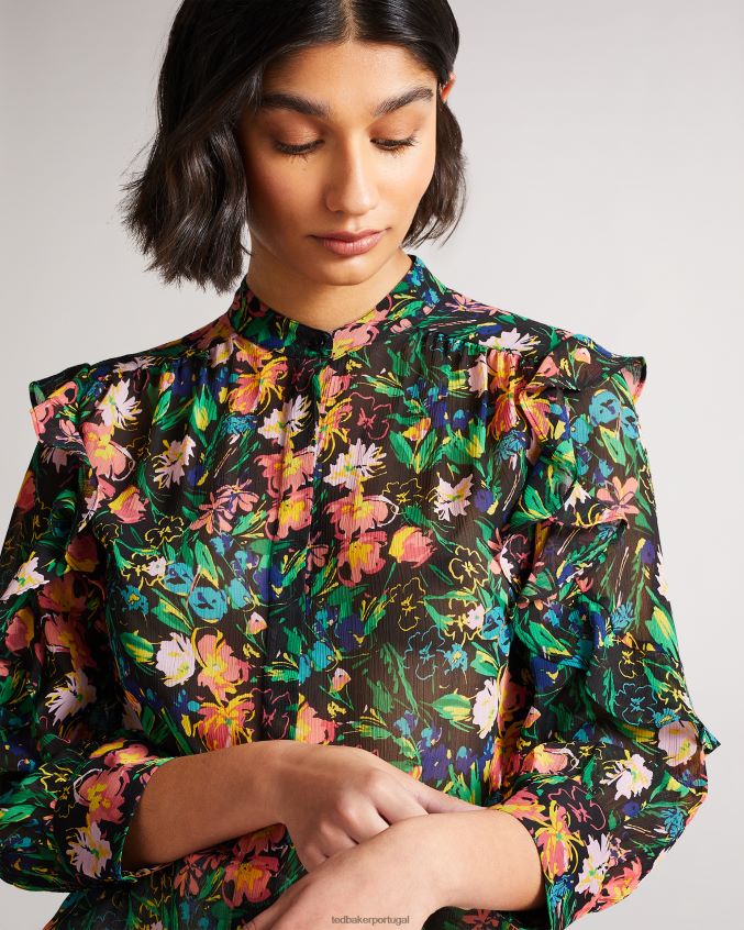roupas Ted Baker blusa carita manga babado preto mulheres 8X6HDF599