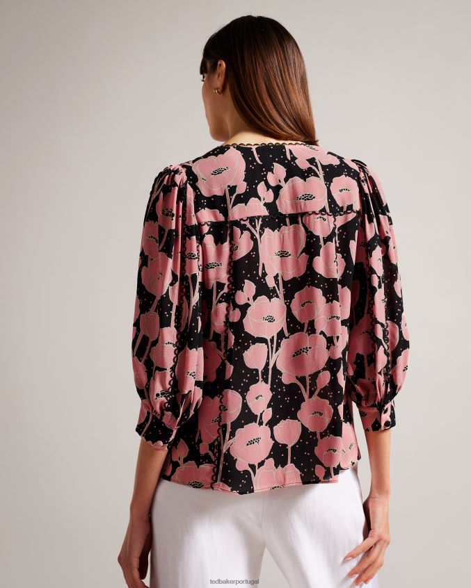 roupas Ted Baker blusa stephii com decote em V e estampa de papoula preto mulheres 8X6HDF135