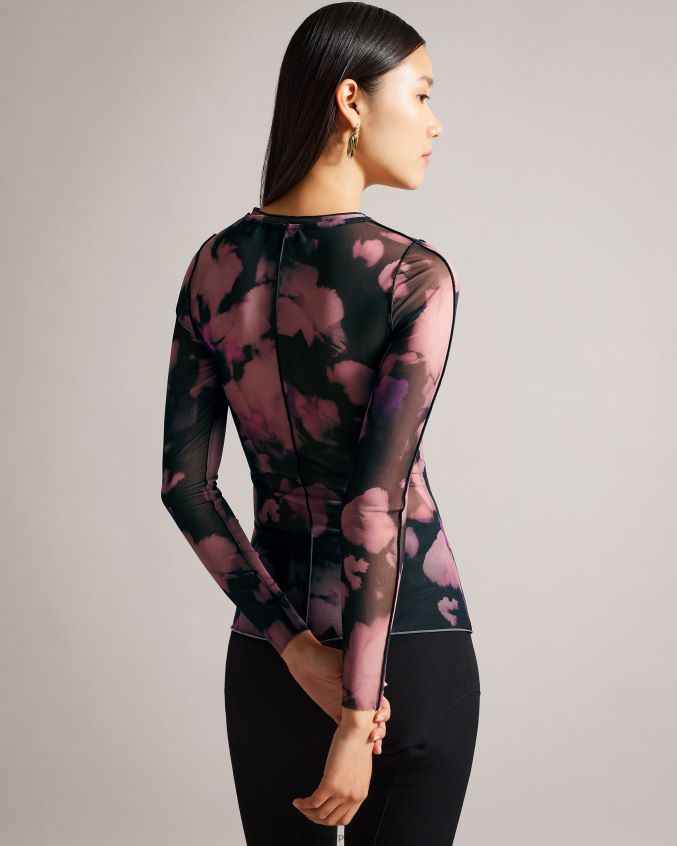 roupas Ted Baker aleeina blusa de malha com estampa abstrata de manga comprida preto mulheres 8X6HDF414