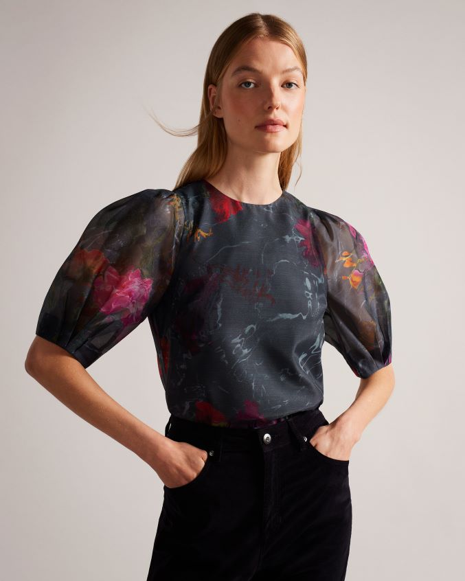 roupas Ted Baker top cropped quadrado ayymee com manga bufante preto mulheres 8X6HDF68
