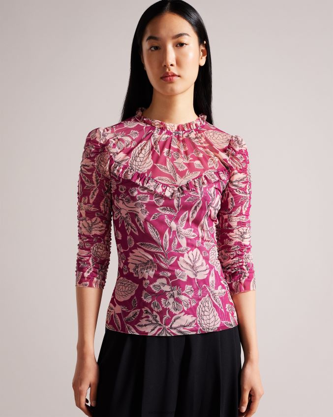 roupas Ted Baker top izabelo em malha estampada com babados Rosa brilhante mulheres 8X6HDF87