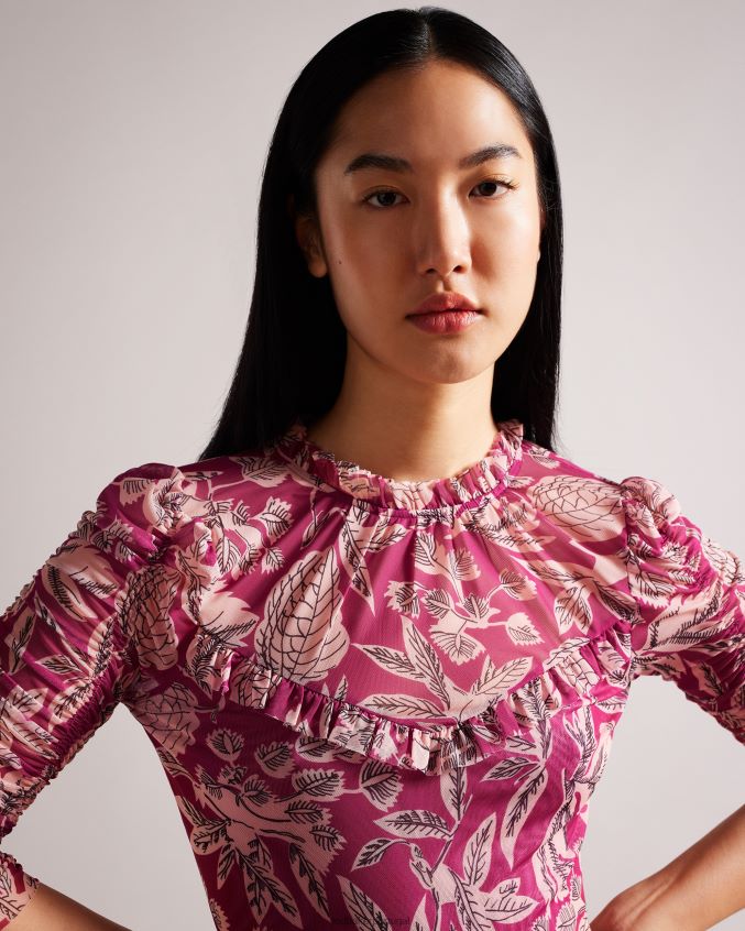 roupas Ted Baker top izabelo em malha estampada com babados Rosa brilhante mulheres 8X6HDF87