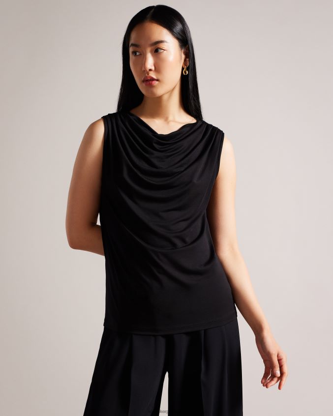 roupas Ted Baker top drapeado com gola redonda margeta preto mulheres 8X6HDF88