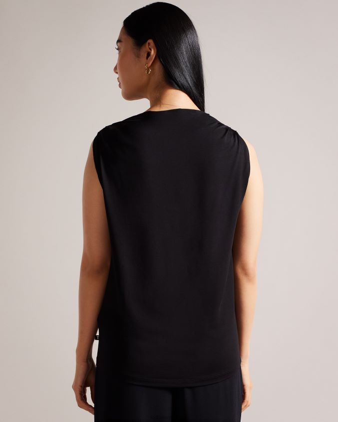 roupas Ted Baker top drapeado com gola redonda margeta preto mulheres 8X6HDF88