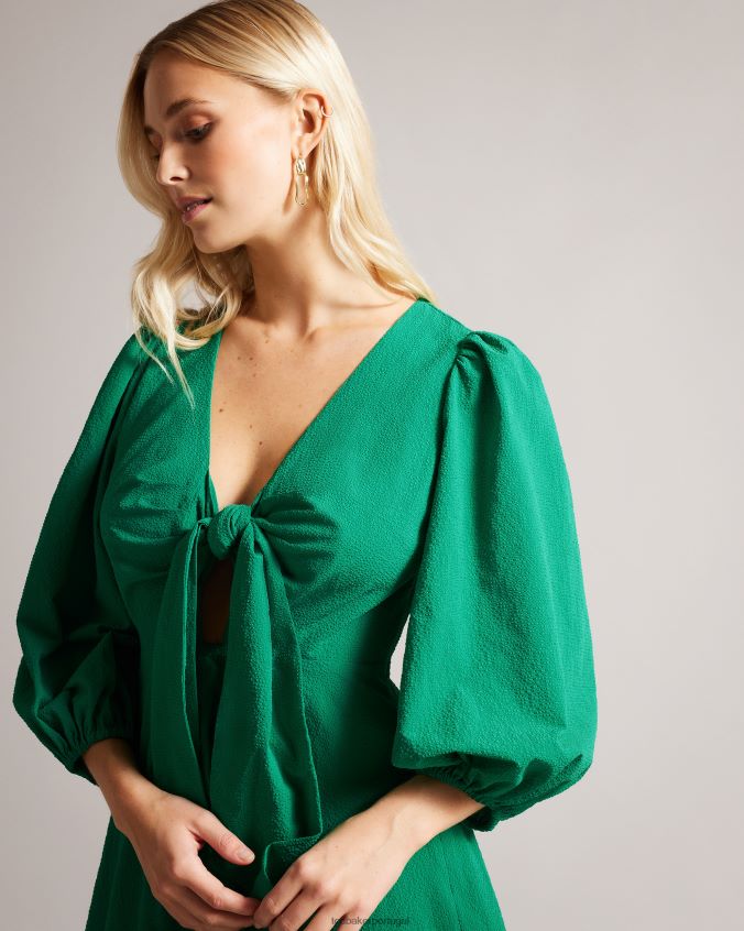 roupas Ted Baker Jozelyn minivestido com amarração na frente e manga balão verde mulheres 8X6HDF462