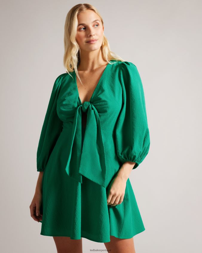 roupas Ted Baker Jozelyn minivestido com amarração na frente e manga balão verde mulheres 8X6HDF462