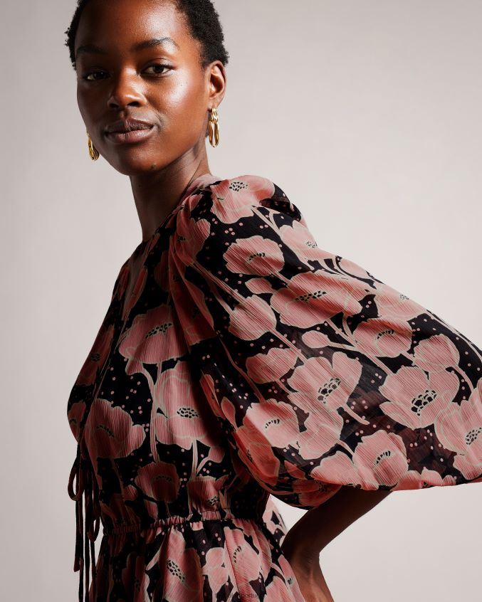 roupas Ted Baker minivestido priana com estampa de papoula e amarração na frente preto mulheres 8X6HDF205