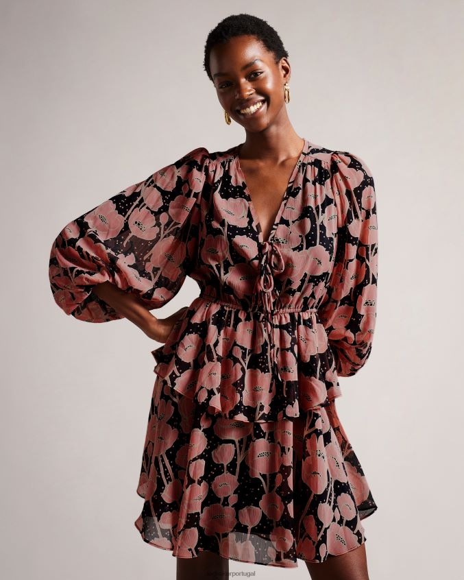 roupas Ted Baker minivestido priana com estampa de papoula e amarração na frente preto mulheres 8X6HDF205