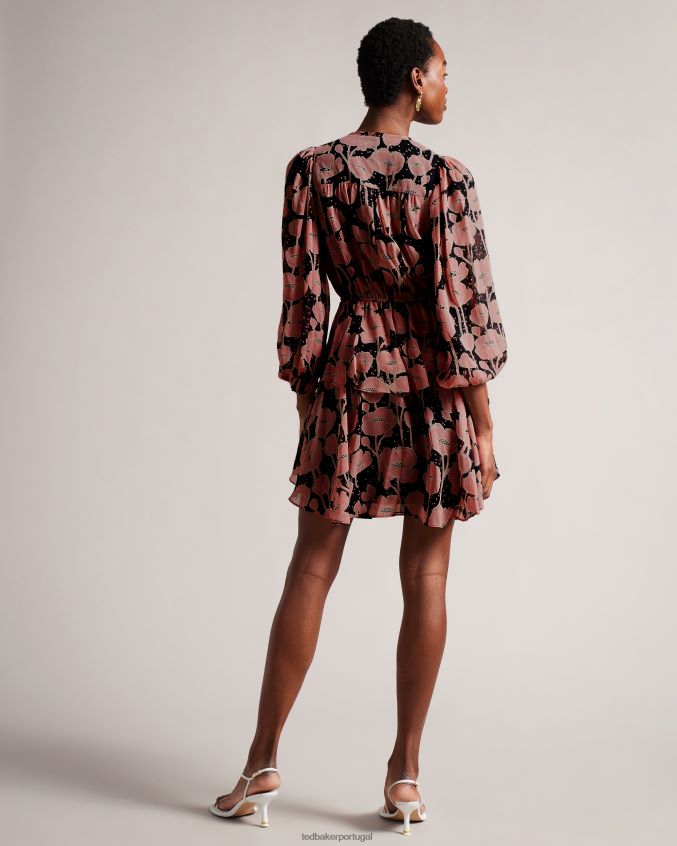 roupas Ted Baker minivestido priana com estampa de papoula e amarração na frente preto mulheres 8X6HDF205
