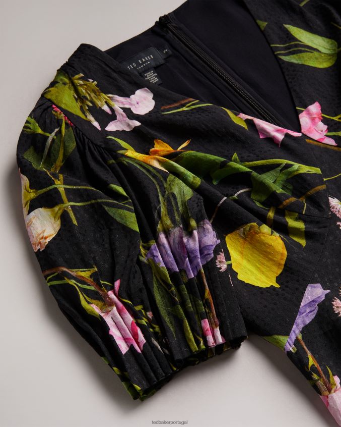 roupas Ted Baker vestido de chá mini manga bufante opallie preto mulheres 8X6HDF181