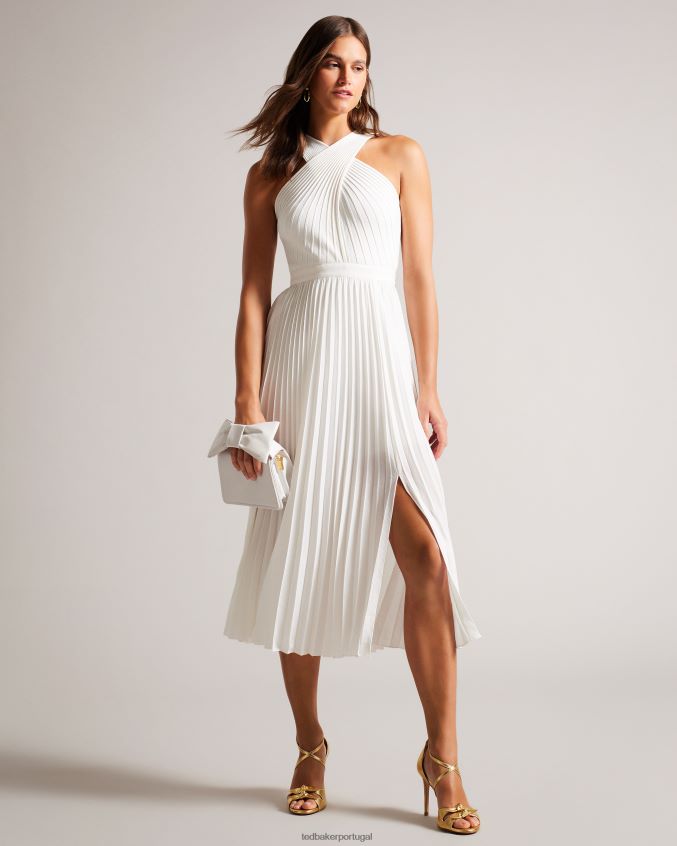 roupas Ted Baker Loueli vestido plissado com frente cruzada e corpete de malha creme mulheres 8X6HDF210