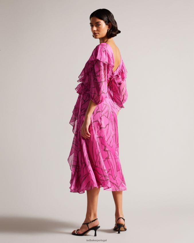 roupas Ted Baker vestido avental victoir com babados e estampa abstrata Rosa brilhante mulheres 8X6HDF62