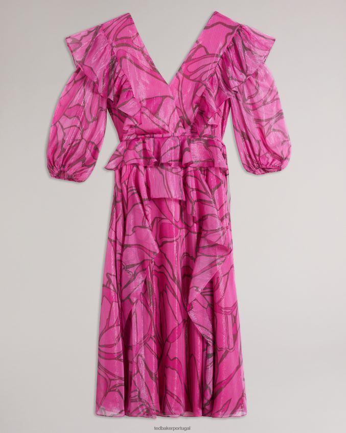 roupas Ted Baker vestido avental victoir com babados e estampa abstrata Rosa brilhante mulheres 8X6HDF62