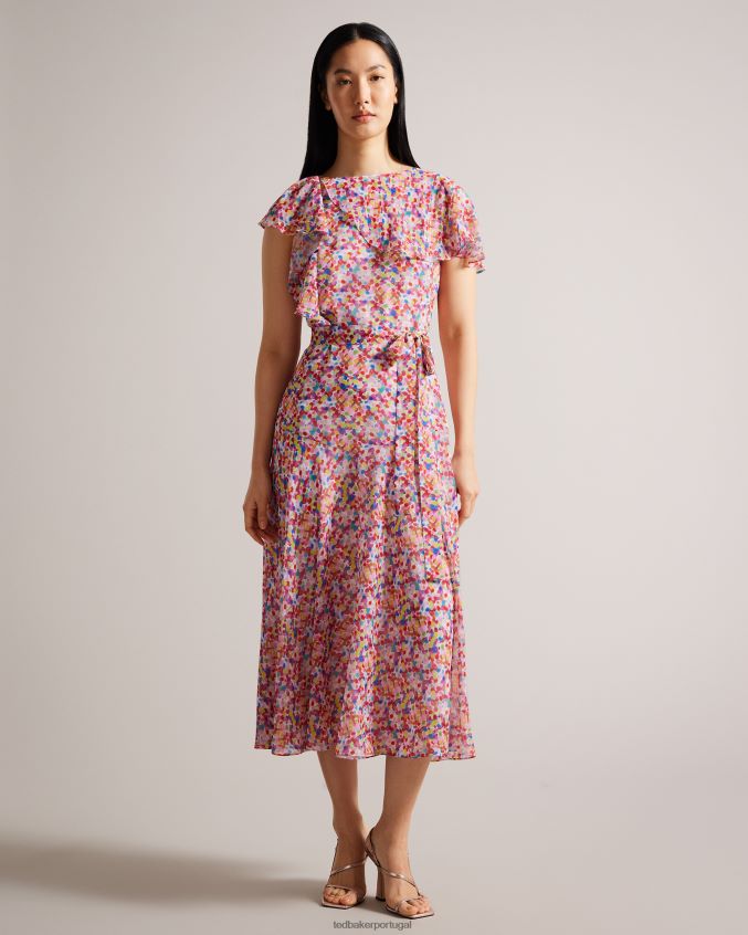roupas Ted Baker vestido de chá midaxi priiyah com cinto e babados branco mulheres 8X6HDF6