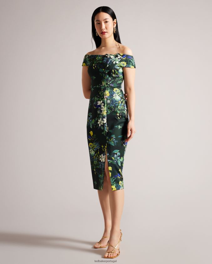 roupas Ted Baker vestido bodycon bardot floral plissado divena verde escuro mulheres 8X6HDF215