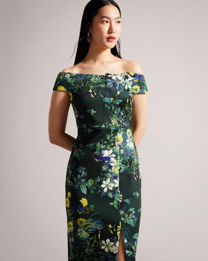 roupas Ted Baker vestido bodycon bardot floral plissado divena verde escuro mulheres 8X6HDF215