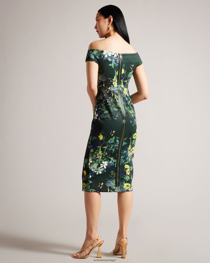 roupas Ted Baker vestido bodycon bardot floral plissado divena verde escuro mulheres 8X6HDF215