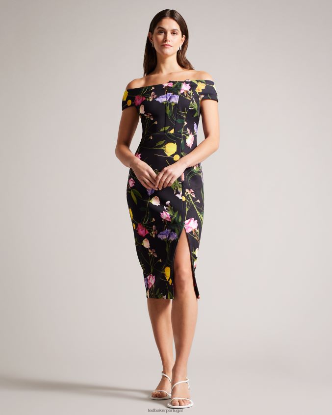 roupas Ted Baker vestido bodycon floral bardot loveina preto mulheres 8X6HDF172