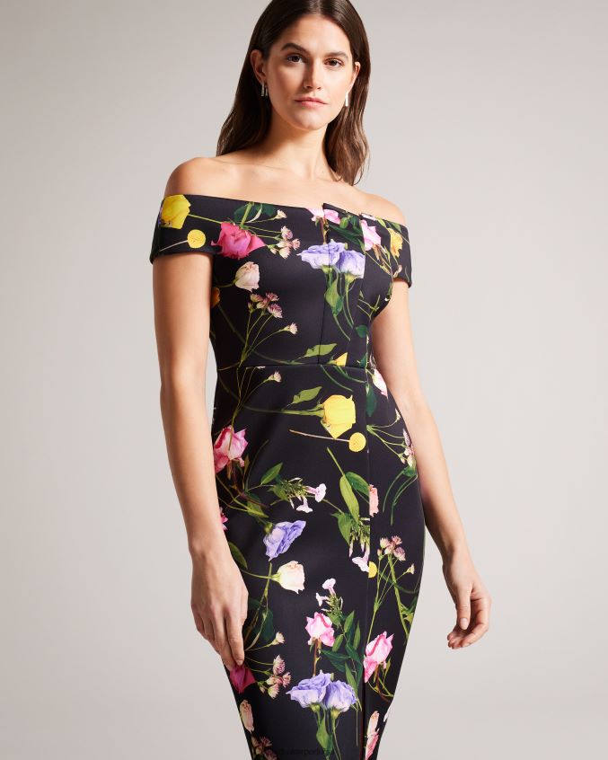 roupas Ted Baker vestido bodycon floral bardot loveina preto mulheres 8X6HDF172